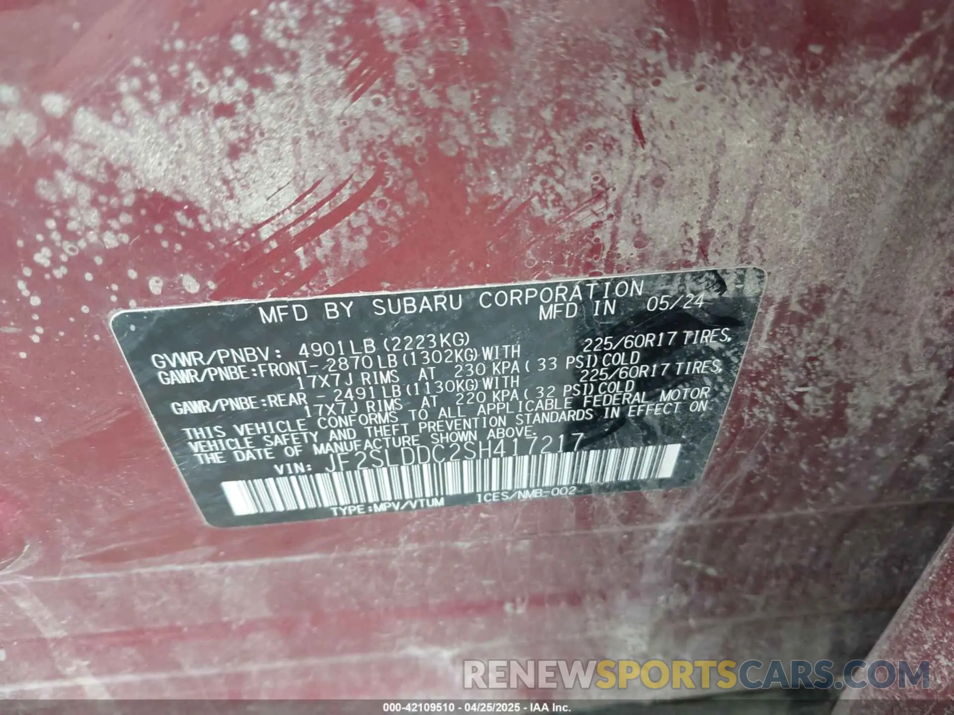 9 Photograph of a damaged car JF2SLDDC2SH417217 SUBARU FORESTER 2025