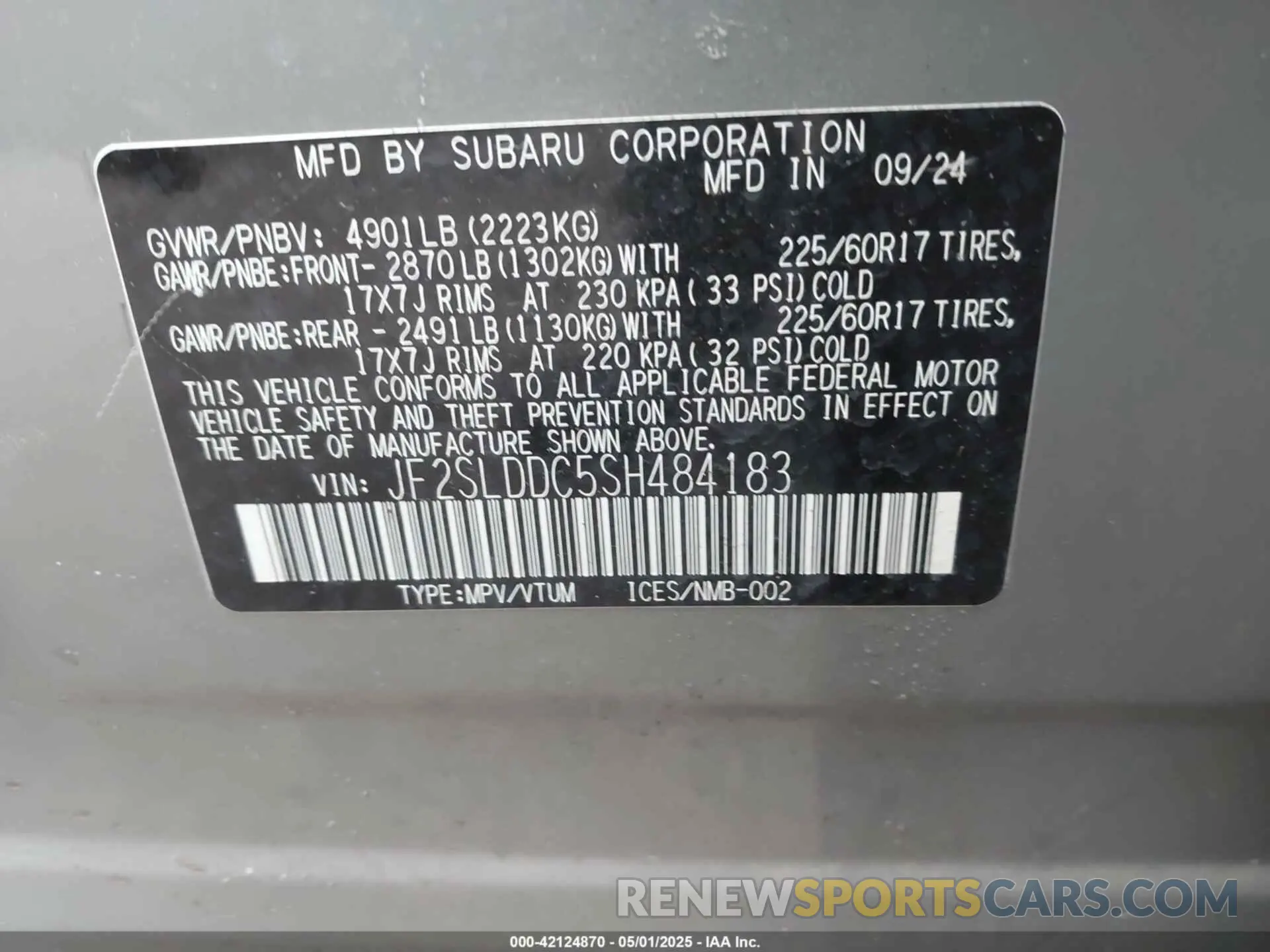 9 Фотография поврежденного автомобиля JF2SLDDC5SH484183 SUBARU FORESTER 2025
