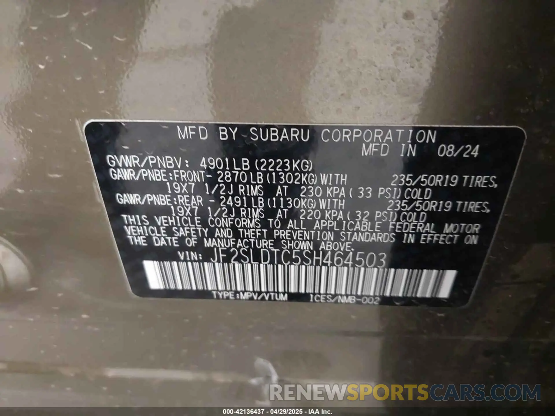 9 Фотография поврежденного автомобиля JF2SLDRC3SH484403 SUBARU FORESTER 2025