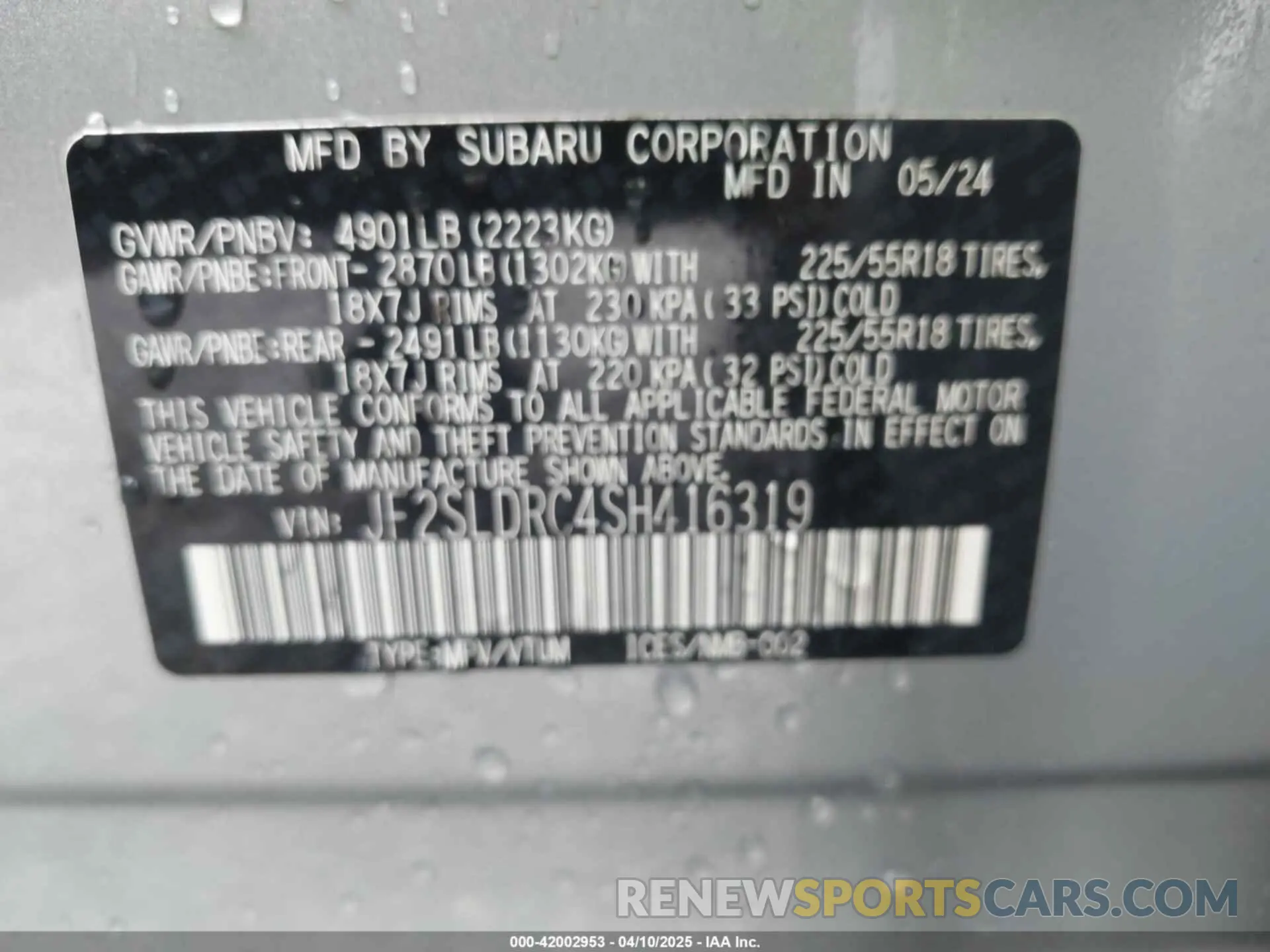 9 Фотография поврежденного автомобиля JF2SLDRC4SH416319 SUBARU FORESTER 2025