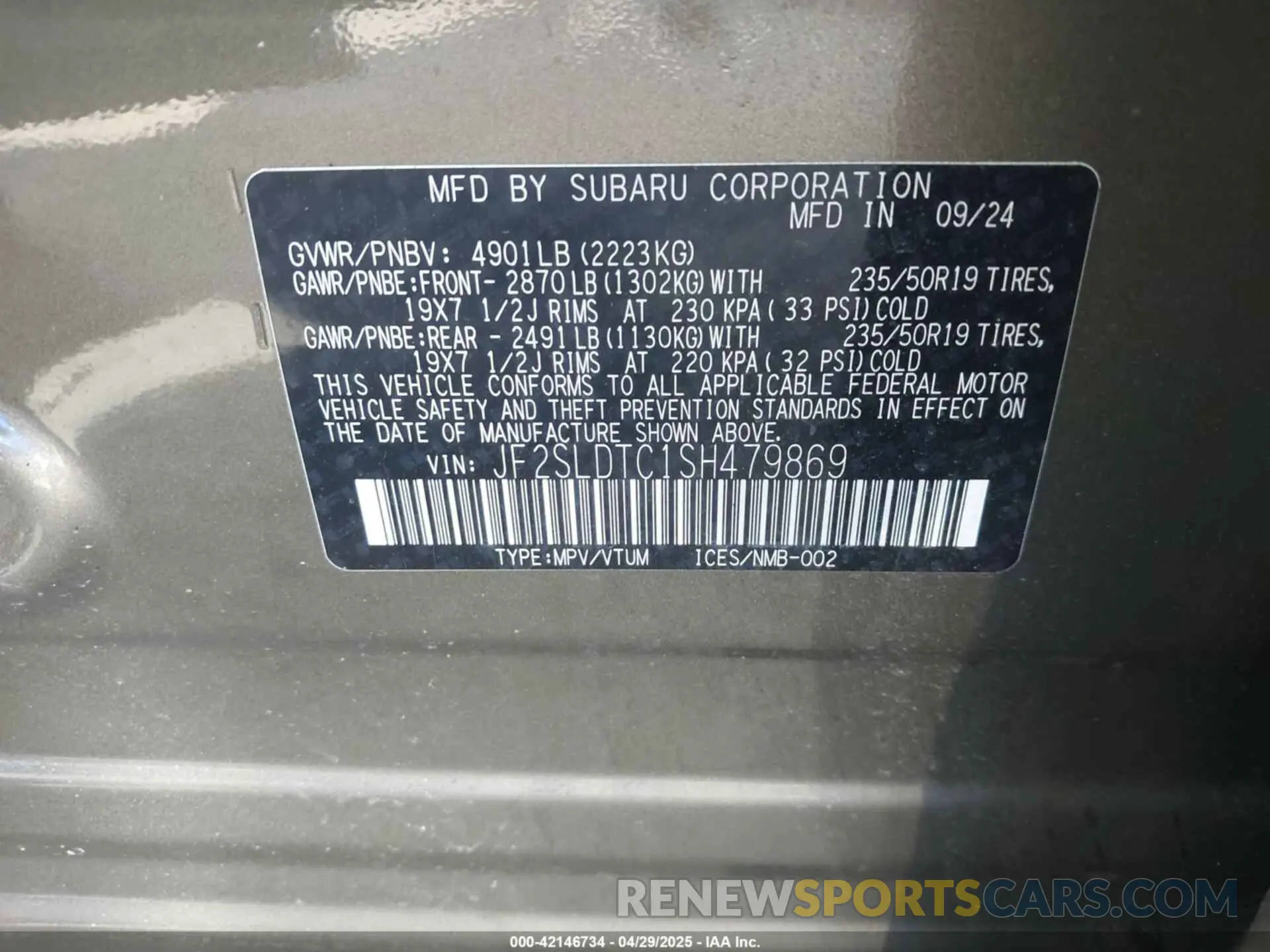 9 Фотография поврежденного автомобиля JF2SLDTC1SH479869 SUBARU FORESTER 2025