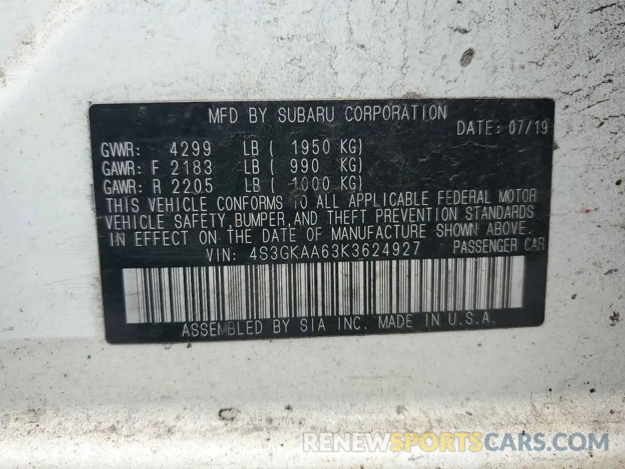 12 Photograph of a damaged car 4S3GKAA63K3624927 SUBARU IMPREZA 2019