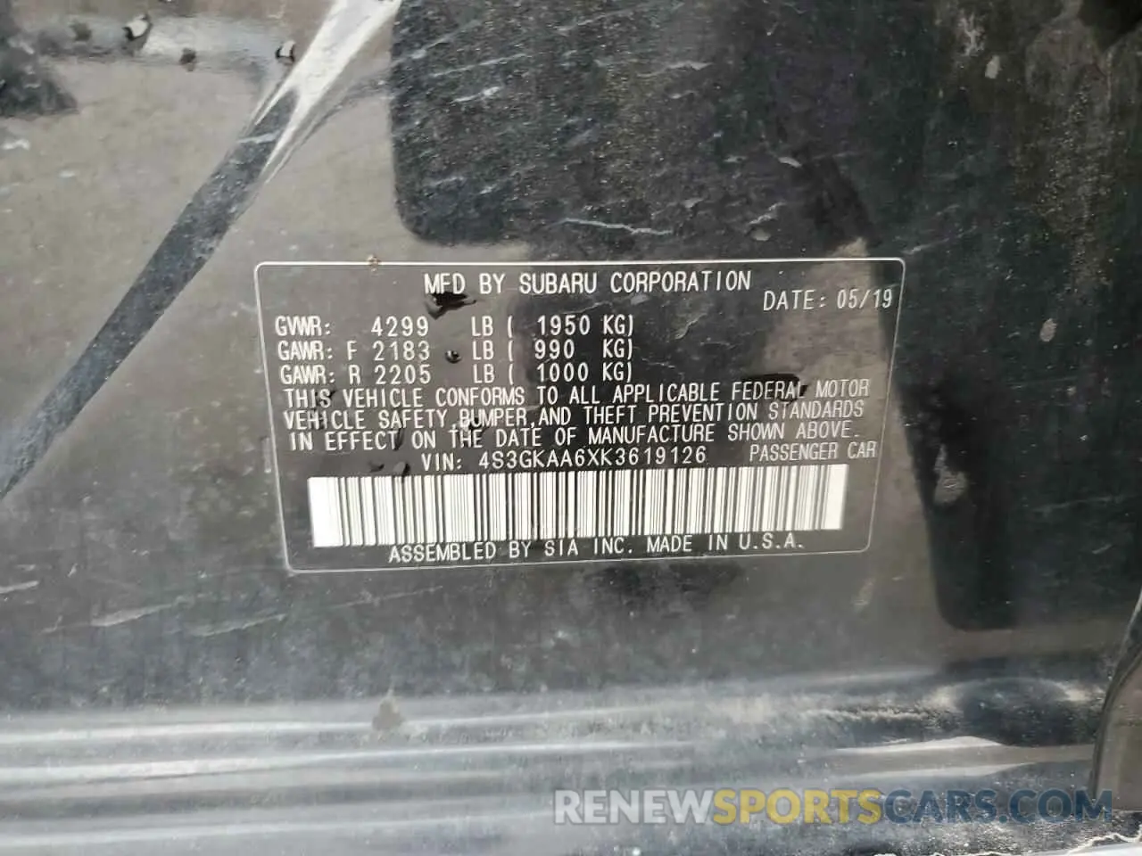 13 Photograph of a damaged car 4S3GKAA6XK3619126 SUBARU IMPREZA 2019