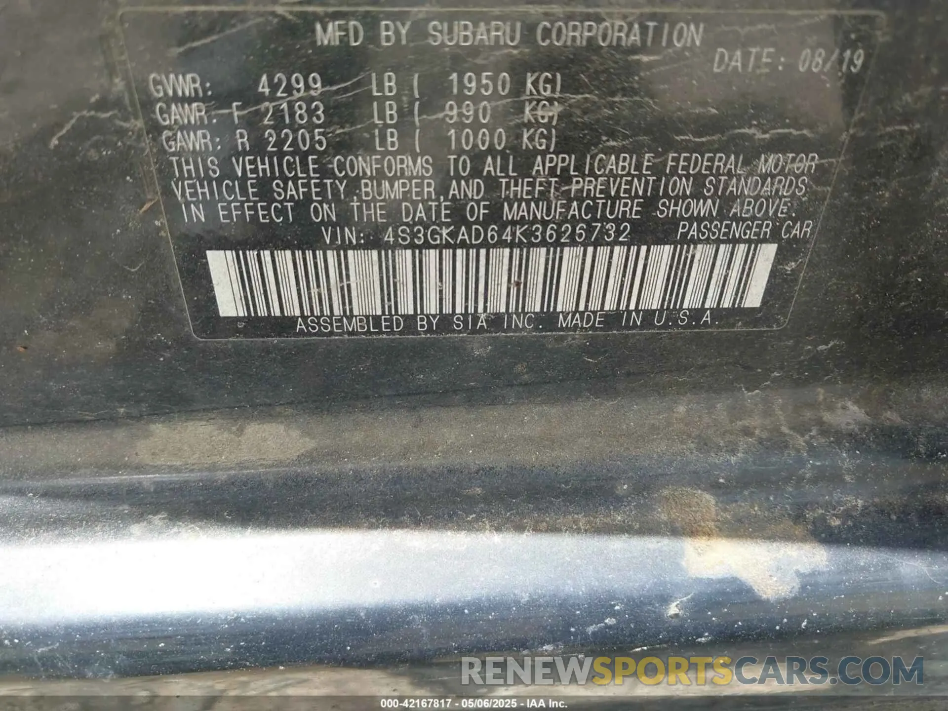 9 Photograph of a damaged car 4S3GKAD64K3626732 SUBARU IMPREZA 2019