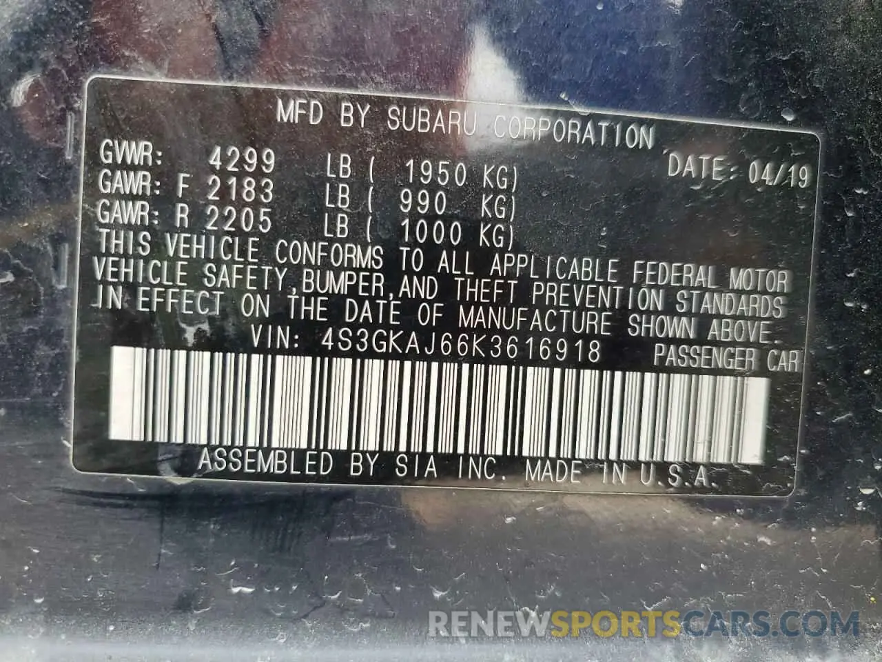 12 Photograph of a damaged car 4S3GKAJ66K3616918 SUBARU IMPREZA 2019
