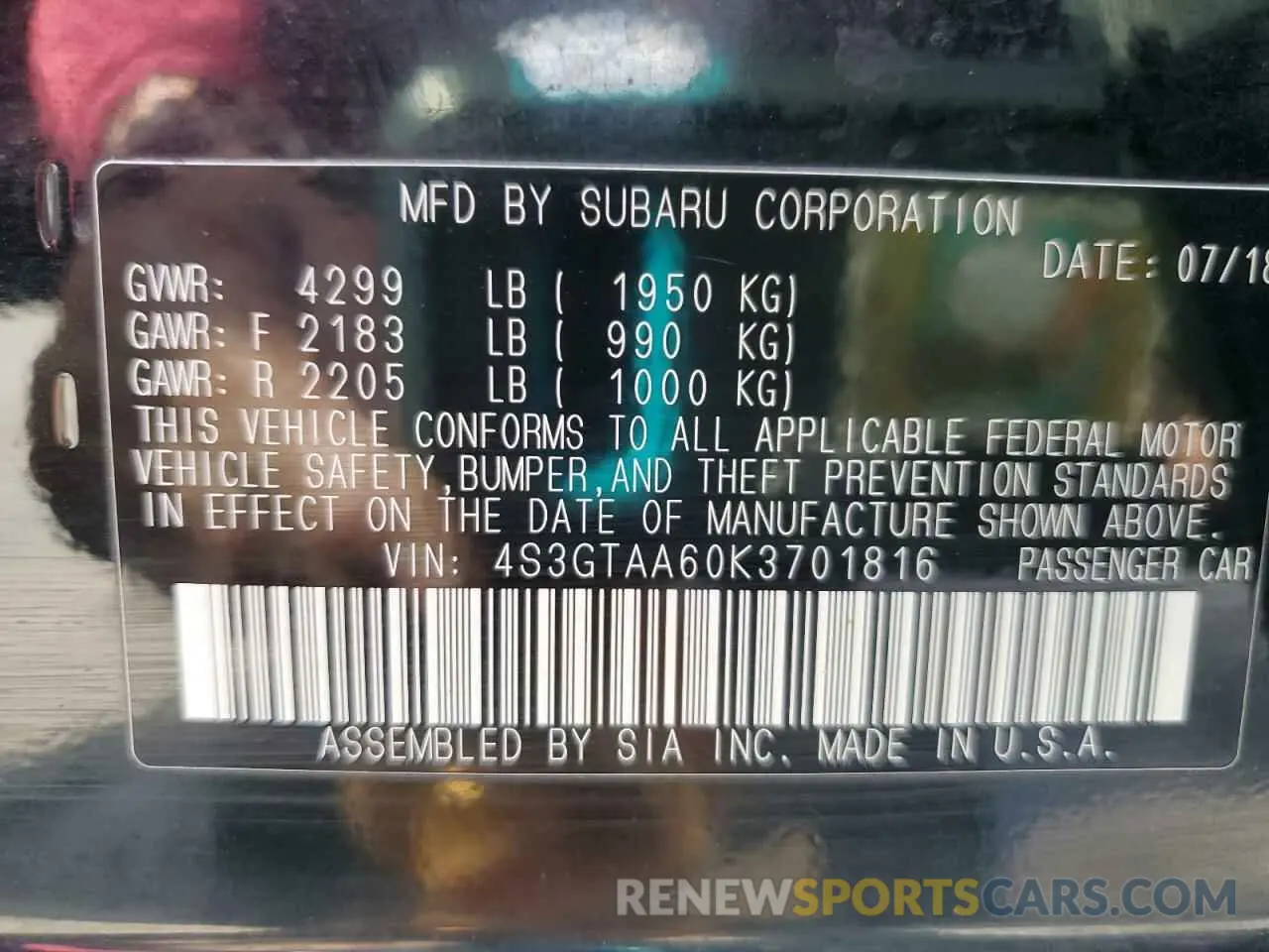 12 Photograph of a damaged car 4S3GTAA60K3701816 SUBARU IMPREZA 2019