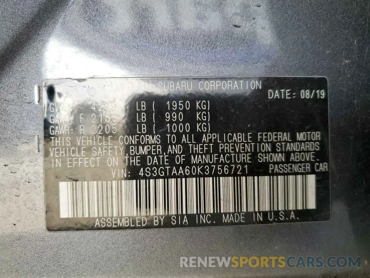 12 Photograph of a damaged car 4S3GTAA60K3756721 SUBARU IMPREZA 2019