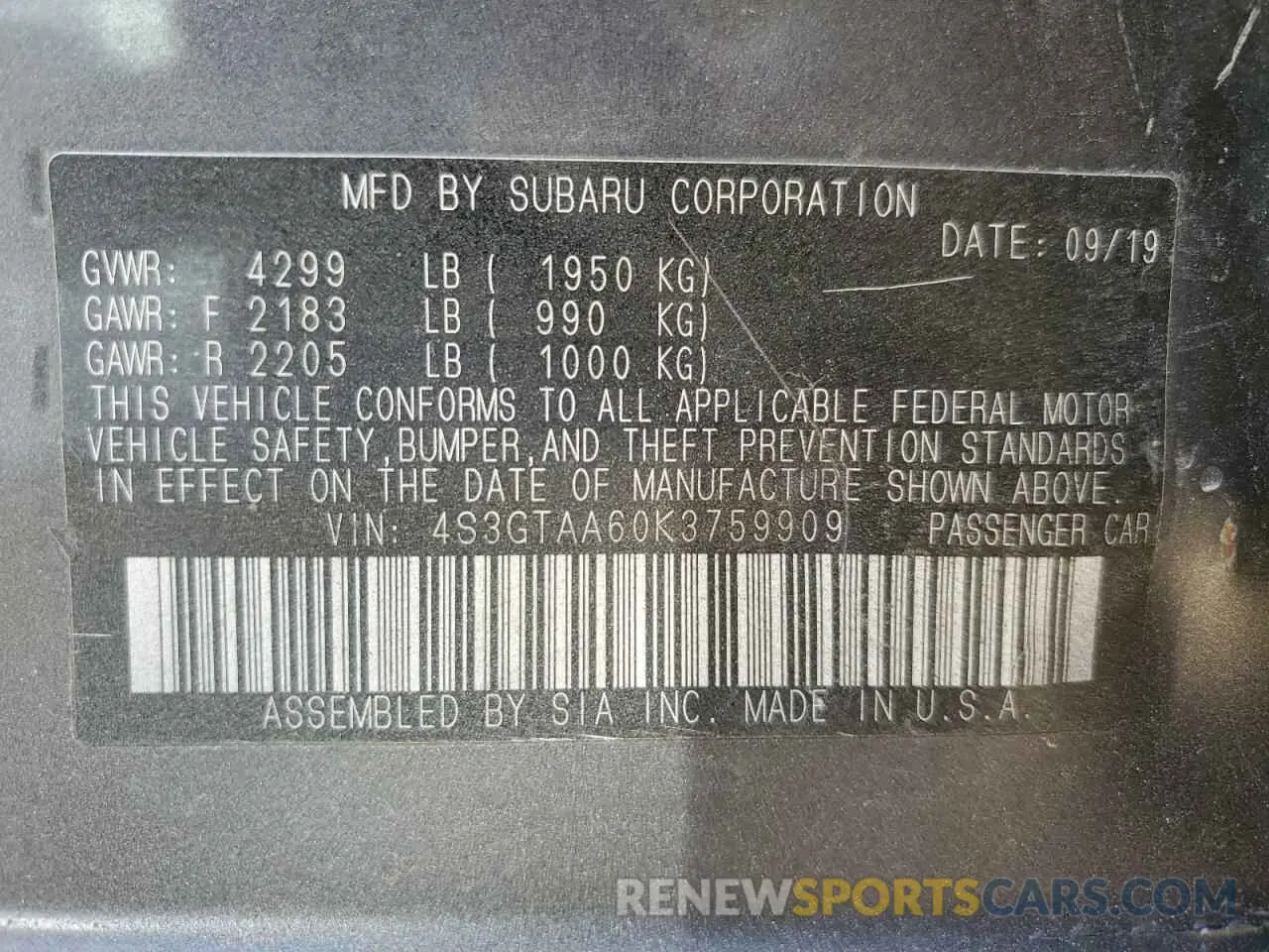 12 Photograph of a damaged car 4S3GTAA60K3759909 SUBARU IMPREZA 2019