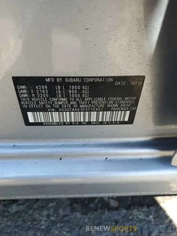 13 Photograph of a damaged car 4S3GTAA61K3715451 SUBARU IMPREZA 2019