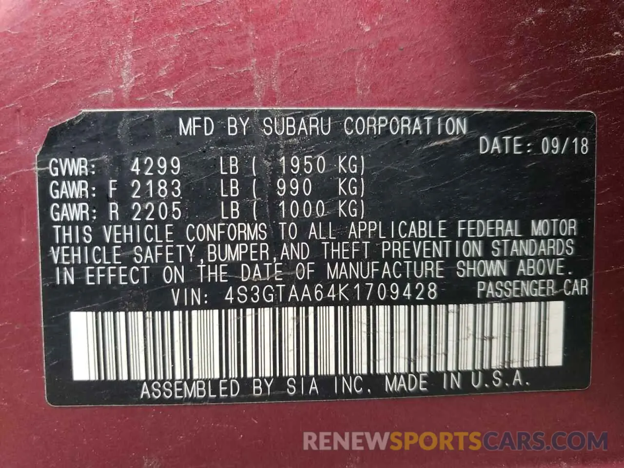 12 Фотография поврежденного автомобиля 4S3GTAA64K1709428 SUBARU IMPREZA 2019