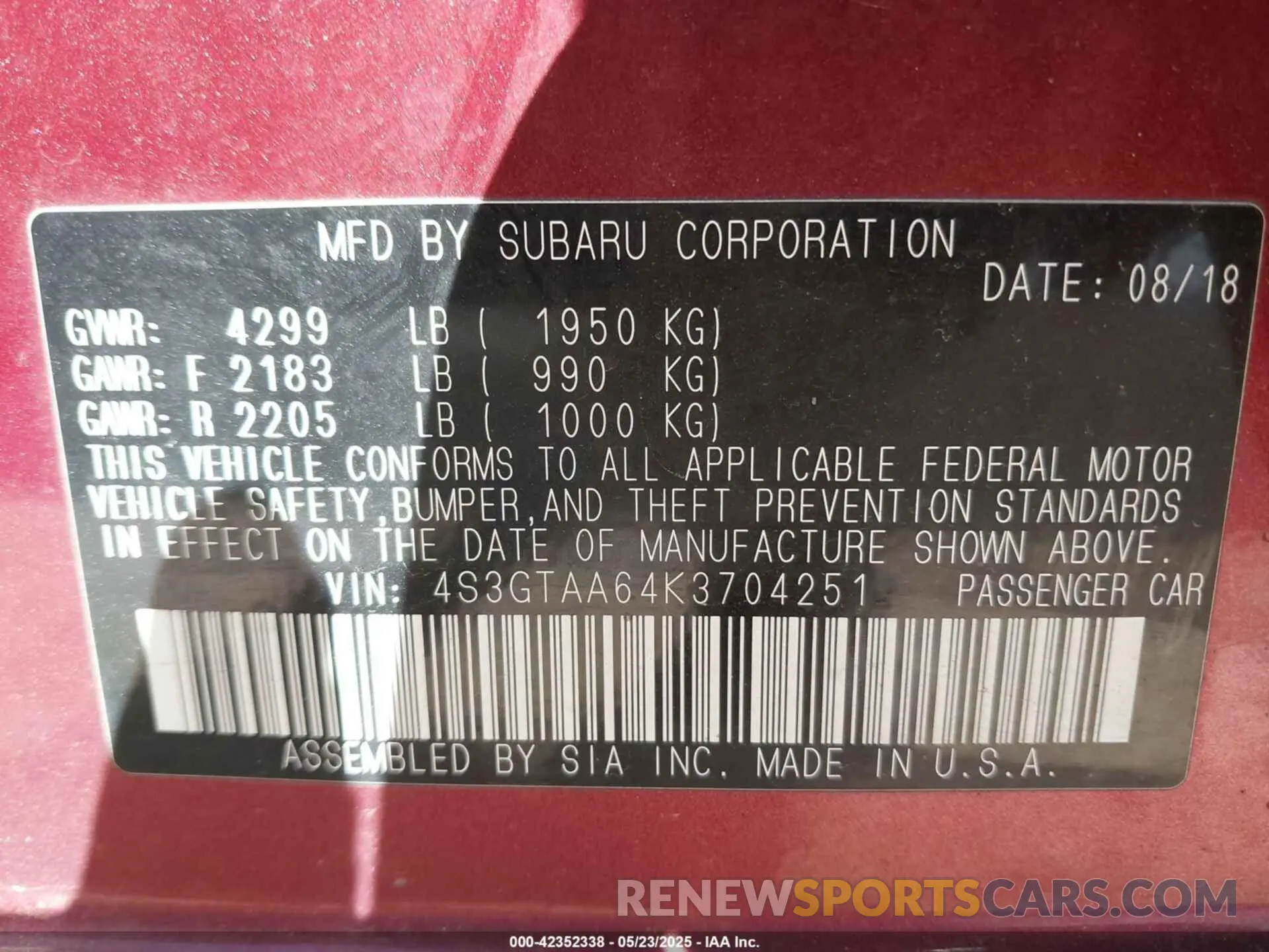9 Photograph of a damaged car 4S3GTAA64K3704251 SUBARU IMPREZA 2019