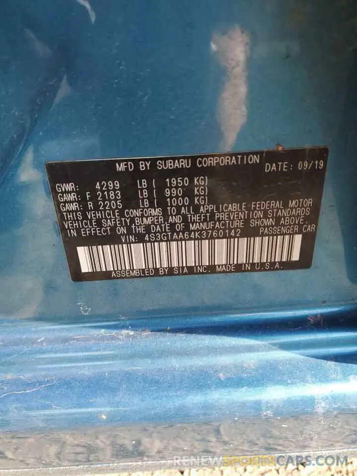 12 Фотография поврежденного автомобиля 4S3GTAA64K3760142 SUBARU IMPREZA 2019