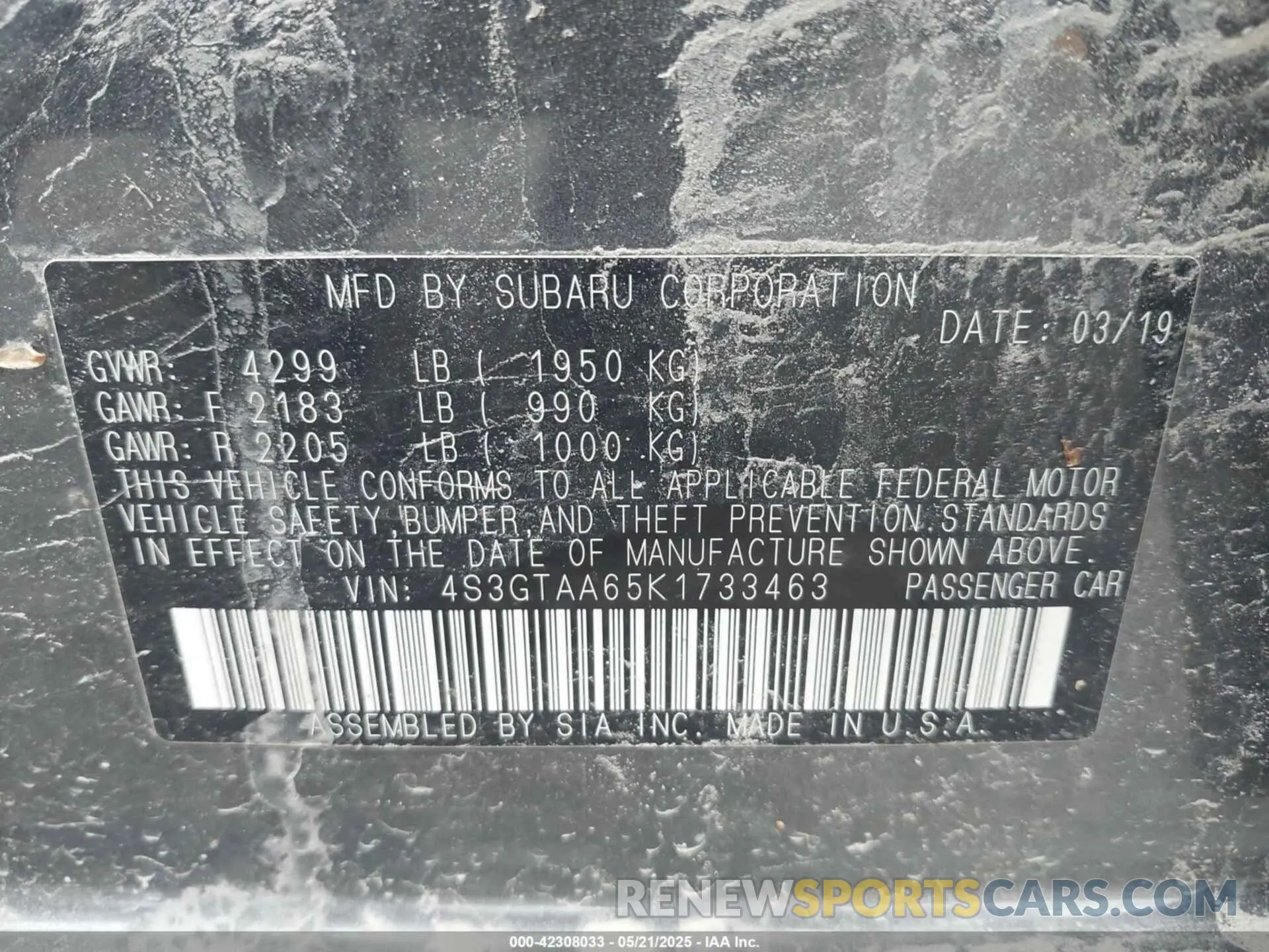 9 Фотография поврежденного автомобиля 4S3GTAA65K1733463 SUBARU IMPREZA 2019