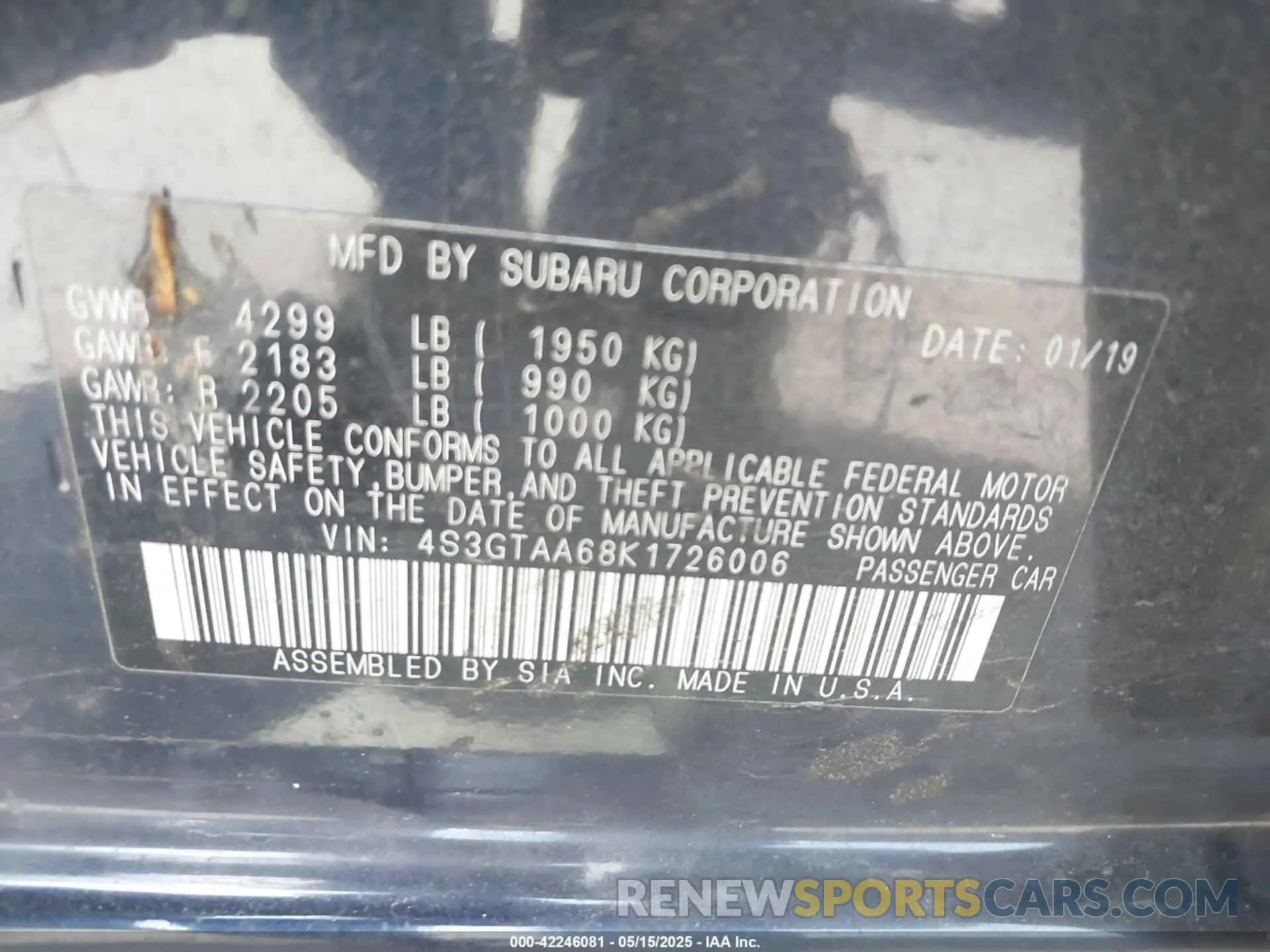 9 Photograph of a damaged car 4S3GTAA68K1726006 SUBARU IMPREZA 2019