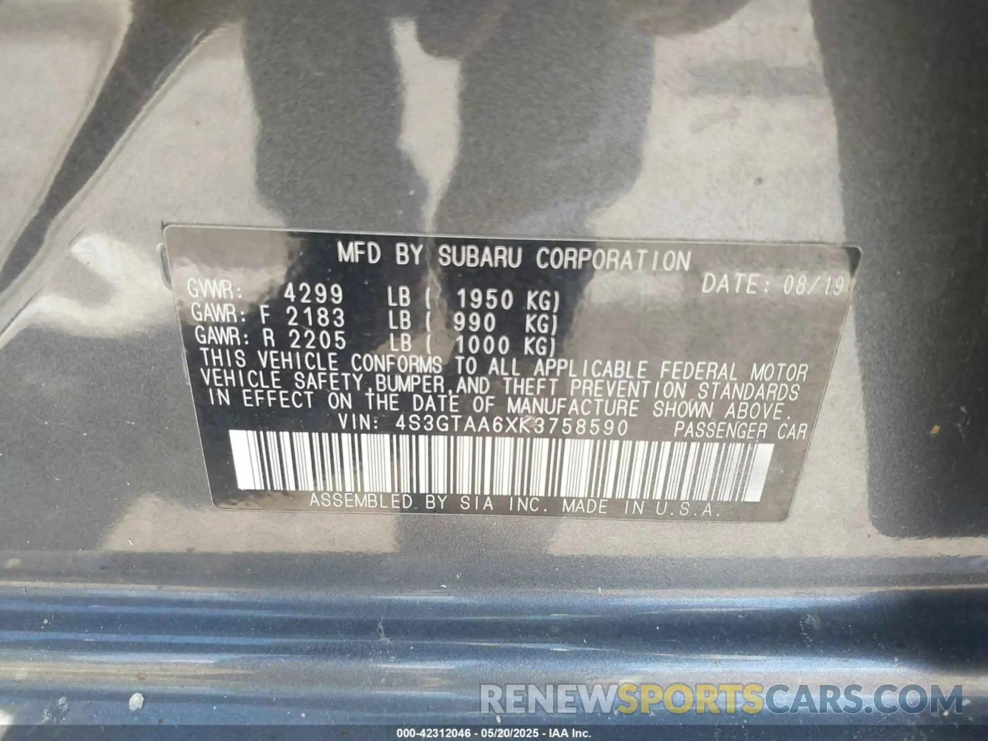 9 Photograph of a damaged car 4S3GTAA6XK3758590 SUBARU IMPREZA 2019