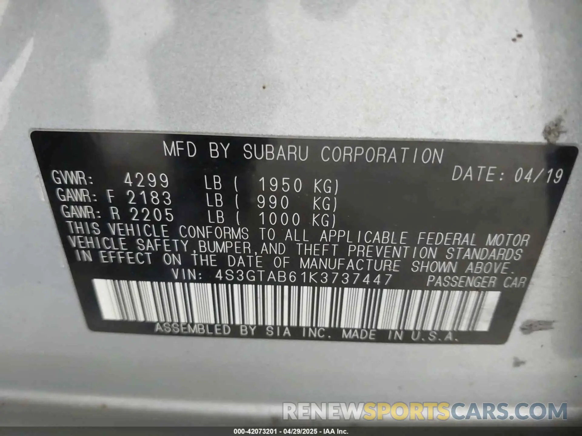 9 Фотография поврежденного автомобиля 4S3GTAB61K3737447 SUBARU IMPREZA 2019