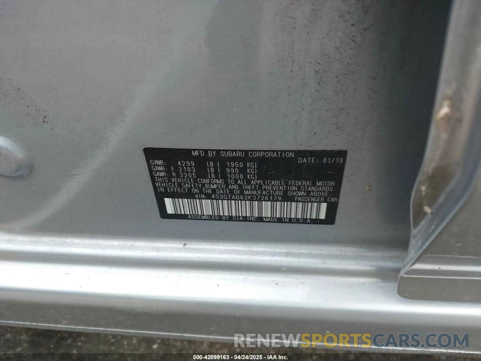 9 Photograph of a damaged car 4S3GTAB62K3726179 SUBARU IMPREZA 2019
