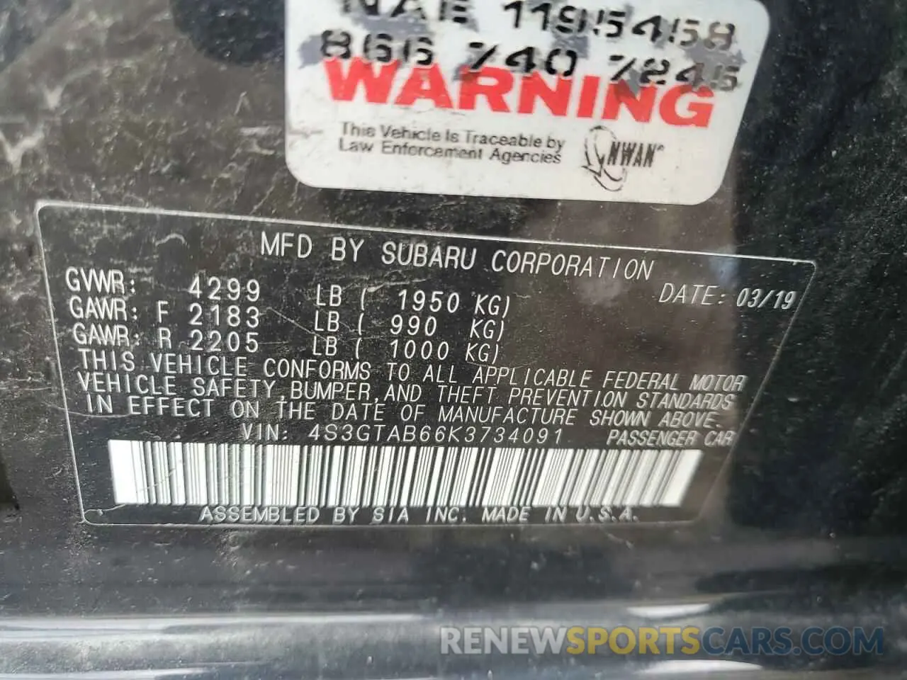 12 Photograph of a damaged car 4S3GTAB66K3734091 SUBARU IMPREZA 2019