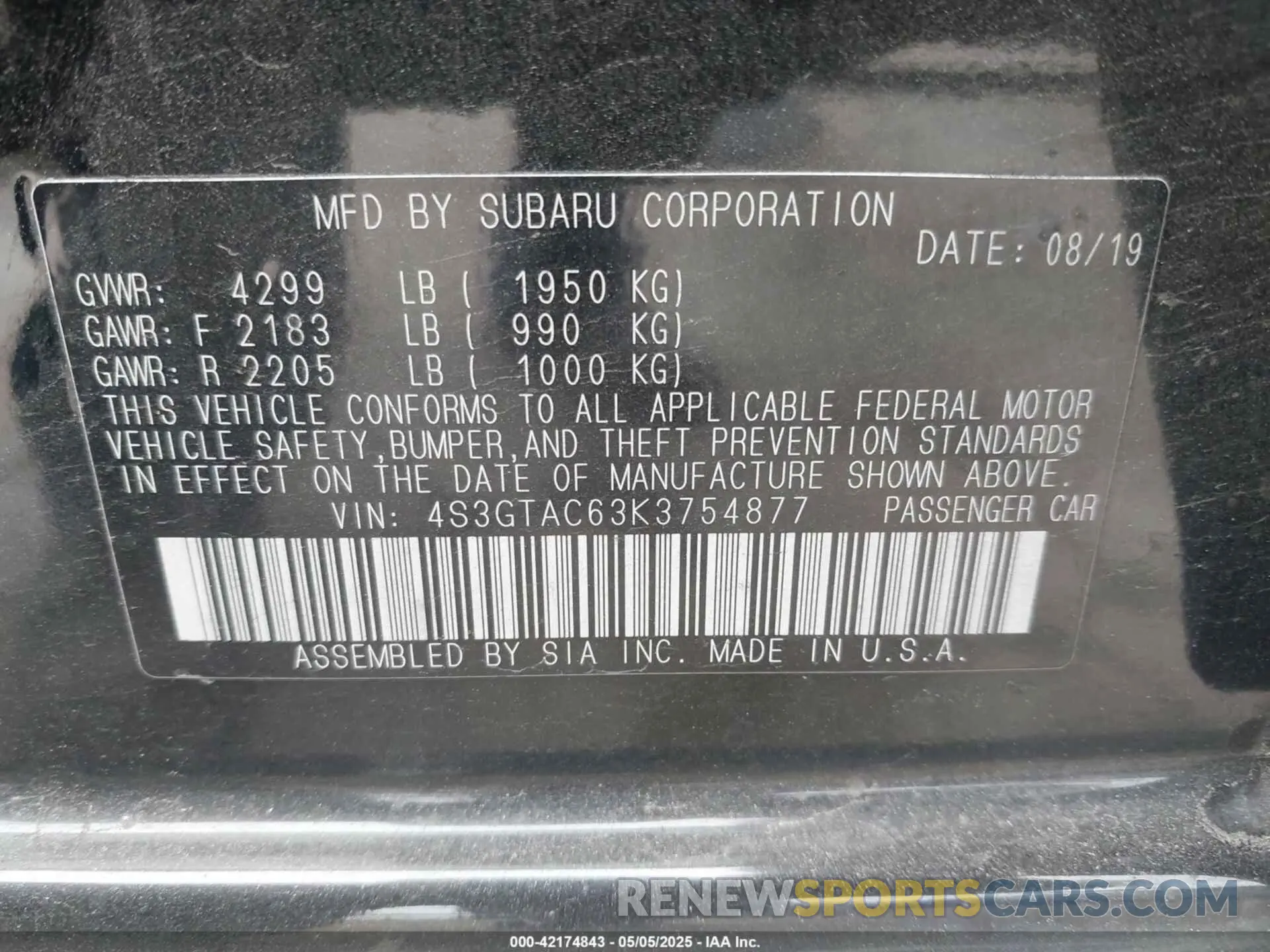 9 Photograph of a damaged car 4S3GTAC63K3754877 SUBARU IMPREZA 2019