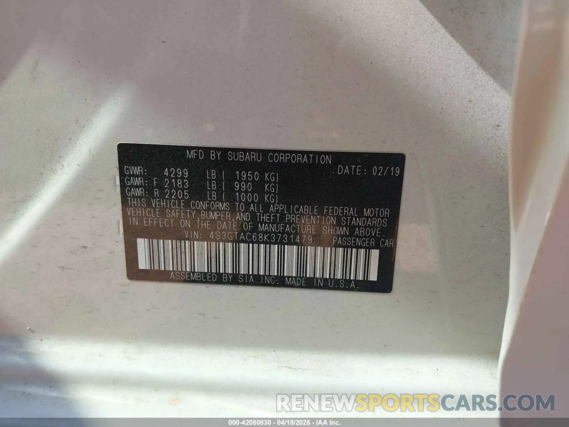 9 Photograph of a damaged car 4S3GTAC68K3731479 SUBARU IMPREZA 2019