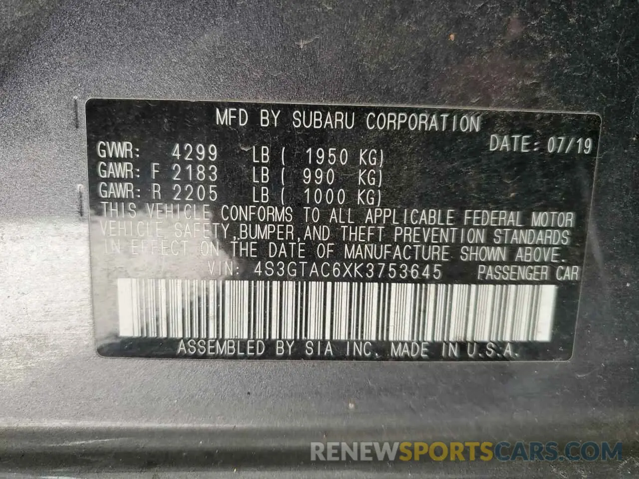 12 Photograph of a damaged car 4S3GTAC6XK3753645 SUBARU IMPREZA 2019