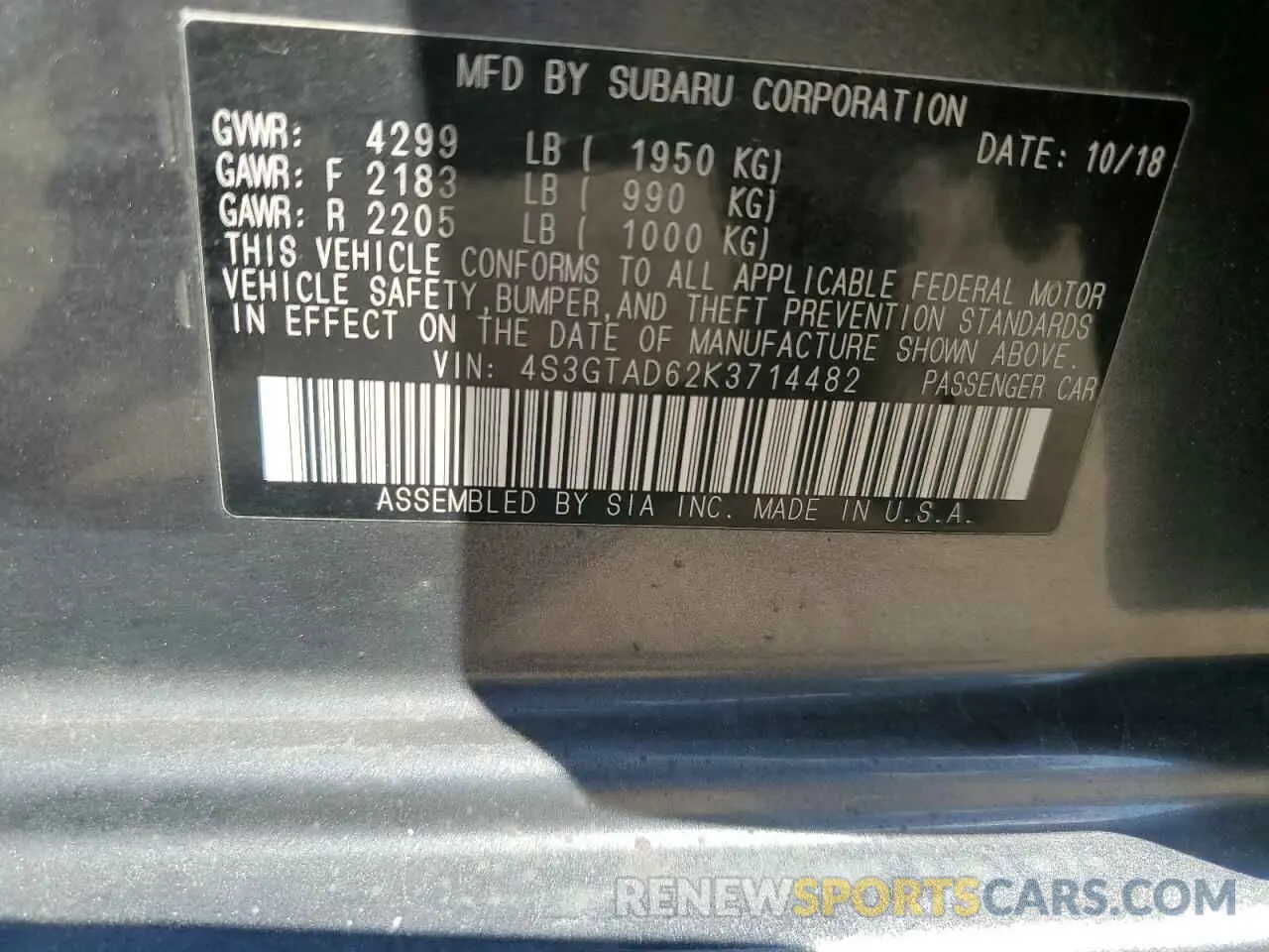 13 Photograph of a damaged car 4S3GTAD62K3714482 SUBARU IMPREZA 2019