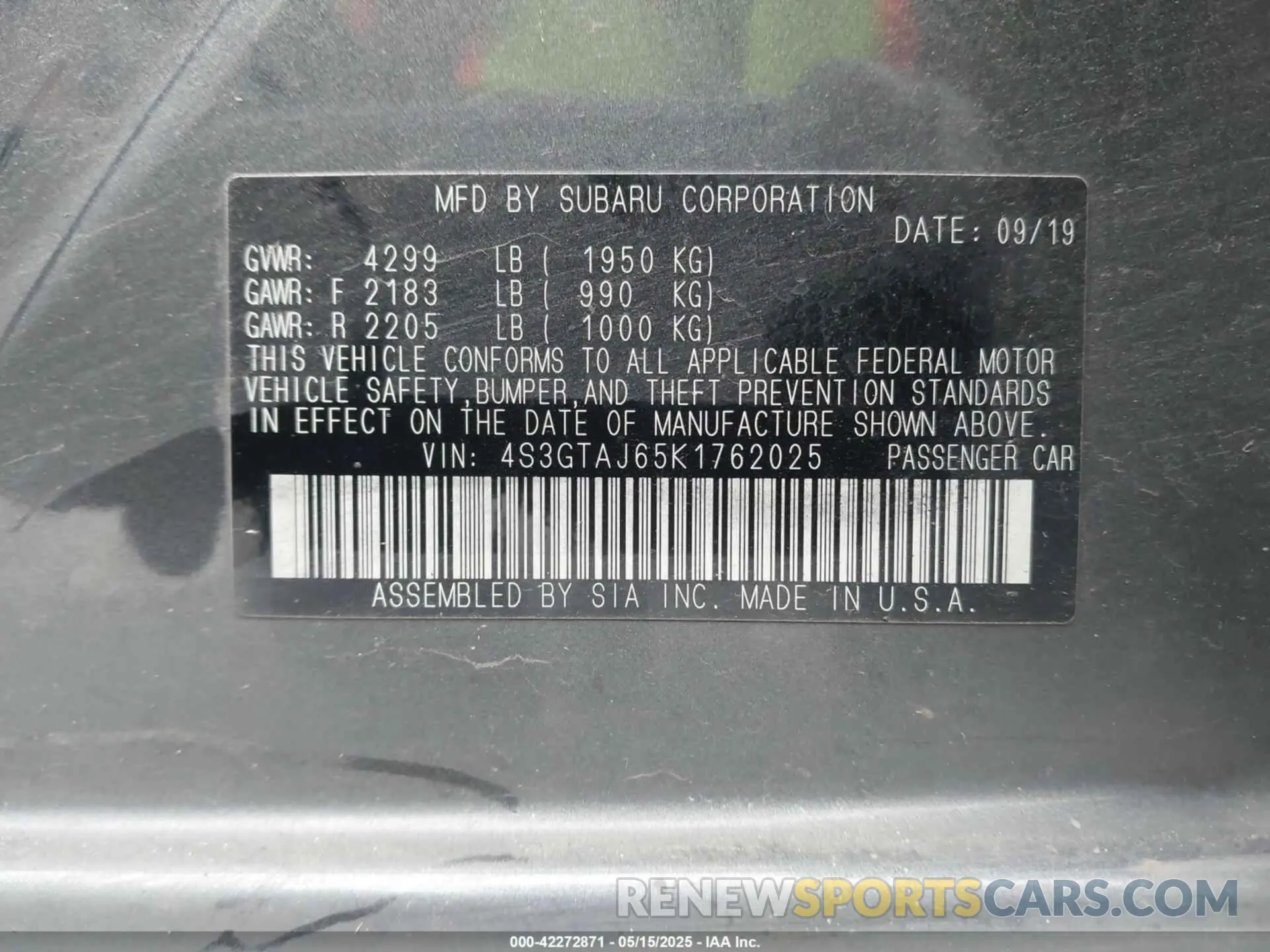 9 Фотография поврежденного автомобиля 4S3GTAJ65K1762025 SUBARU IMPREZA 2019