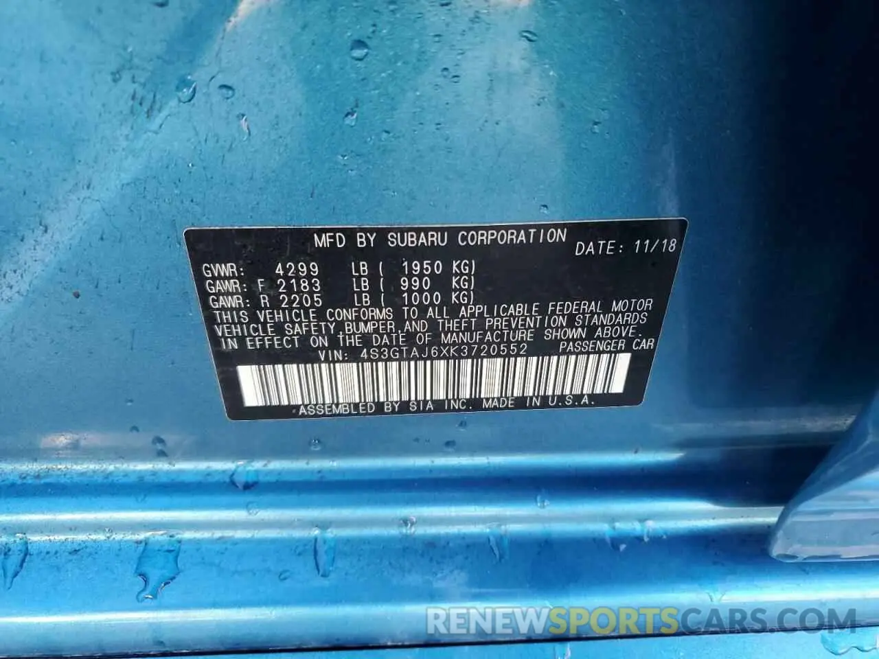 12 Photograph of a damaged car 4S3GTAJ6XK3720552 SUBARU IMPREZA 2019
