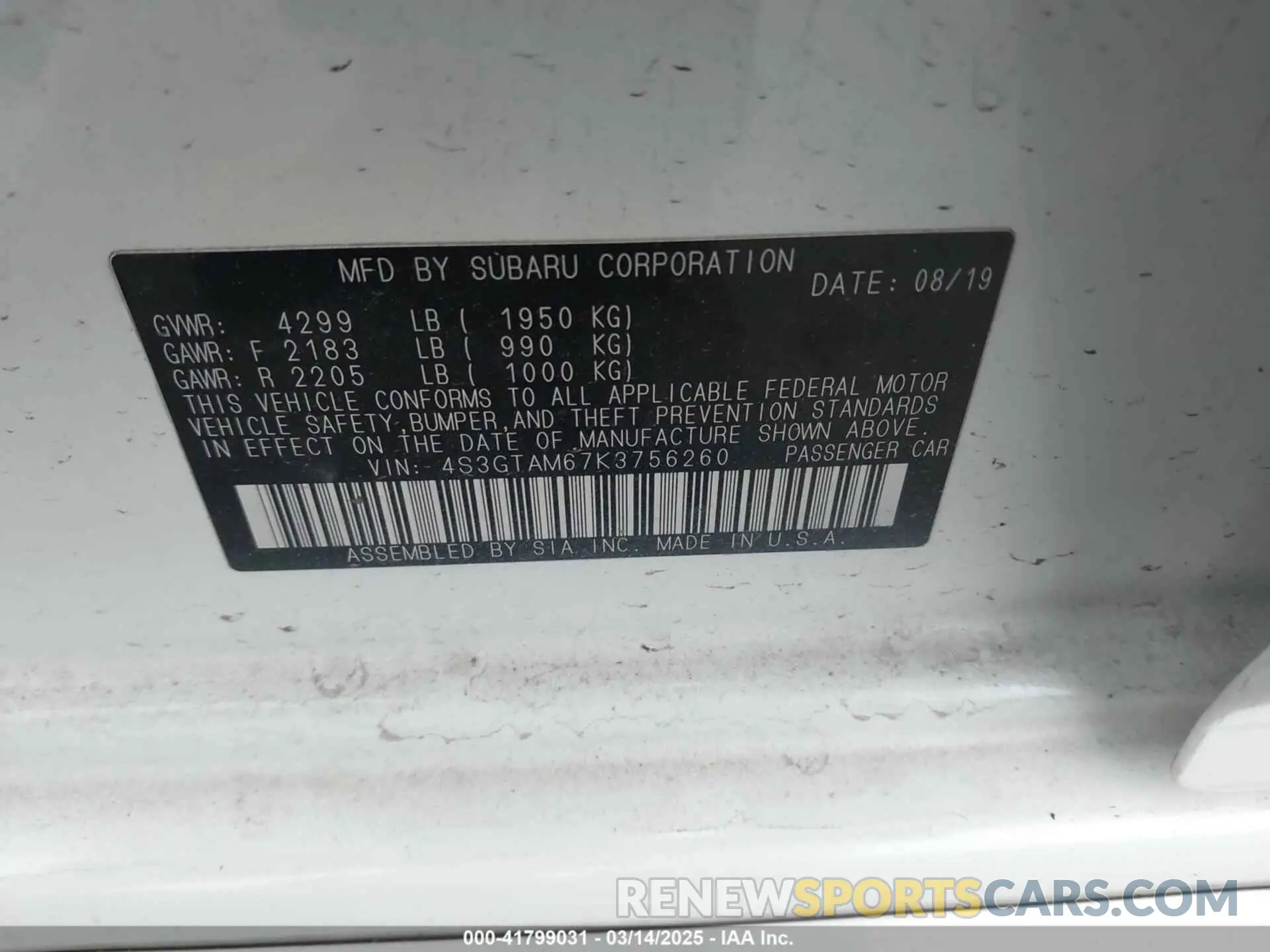 9 Photograph of a damaged car 4S3GTAM67K3756260 SUBARU IMPREZA 2019