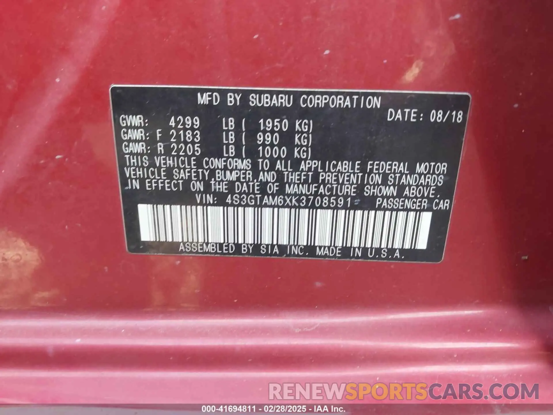 9 Photograph of a damaged car 4S3GTAM6XK3708591 SUBARU IMPREZA 2019