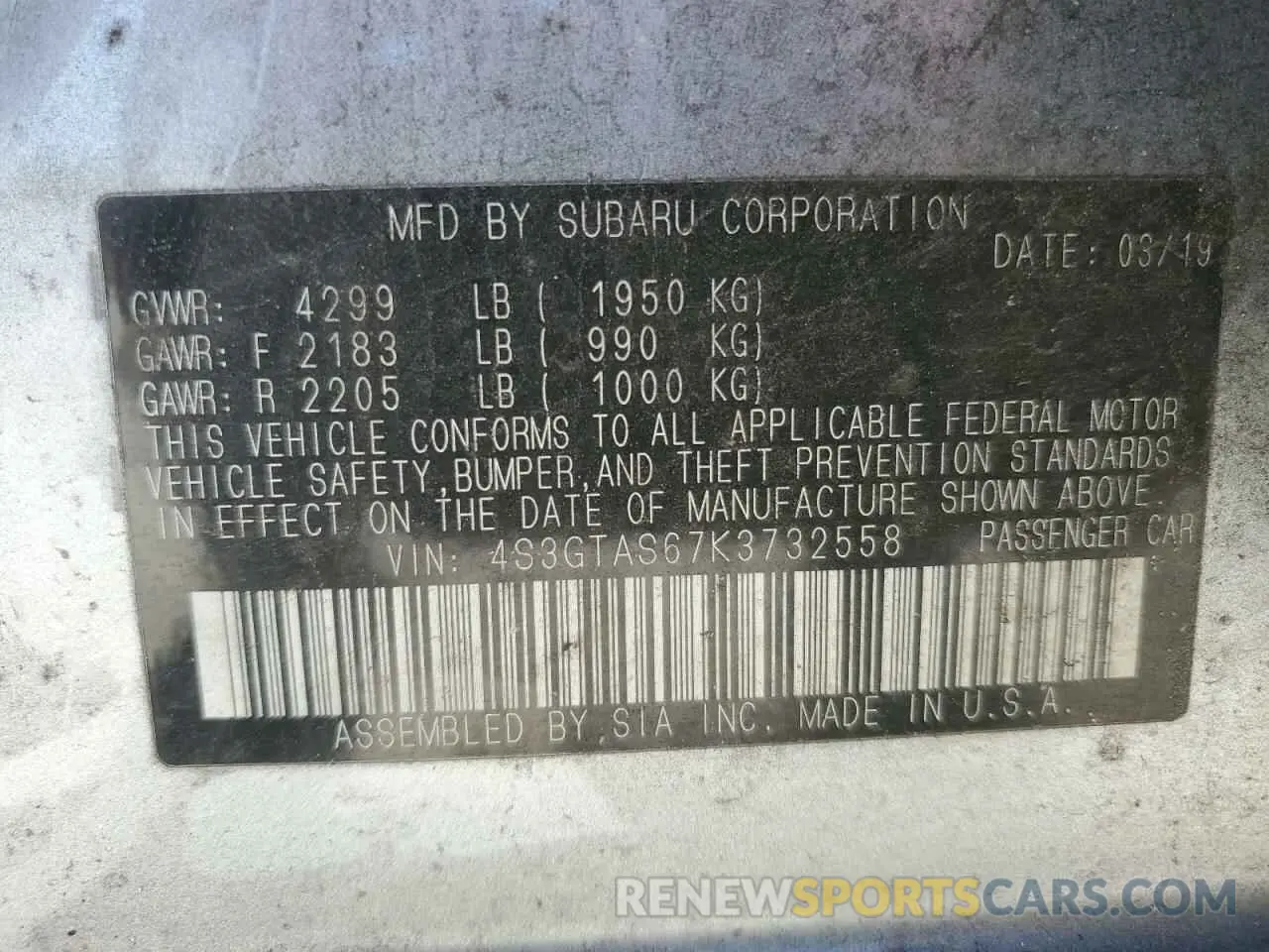 12 Photograph of a damaged car 4S3GTAS67K3732558 SUBARU IMPREZA 2019