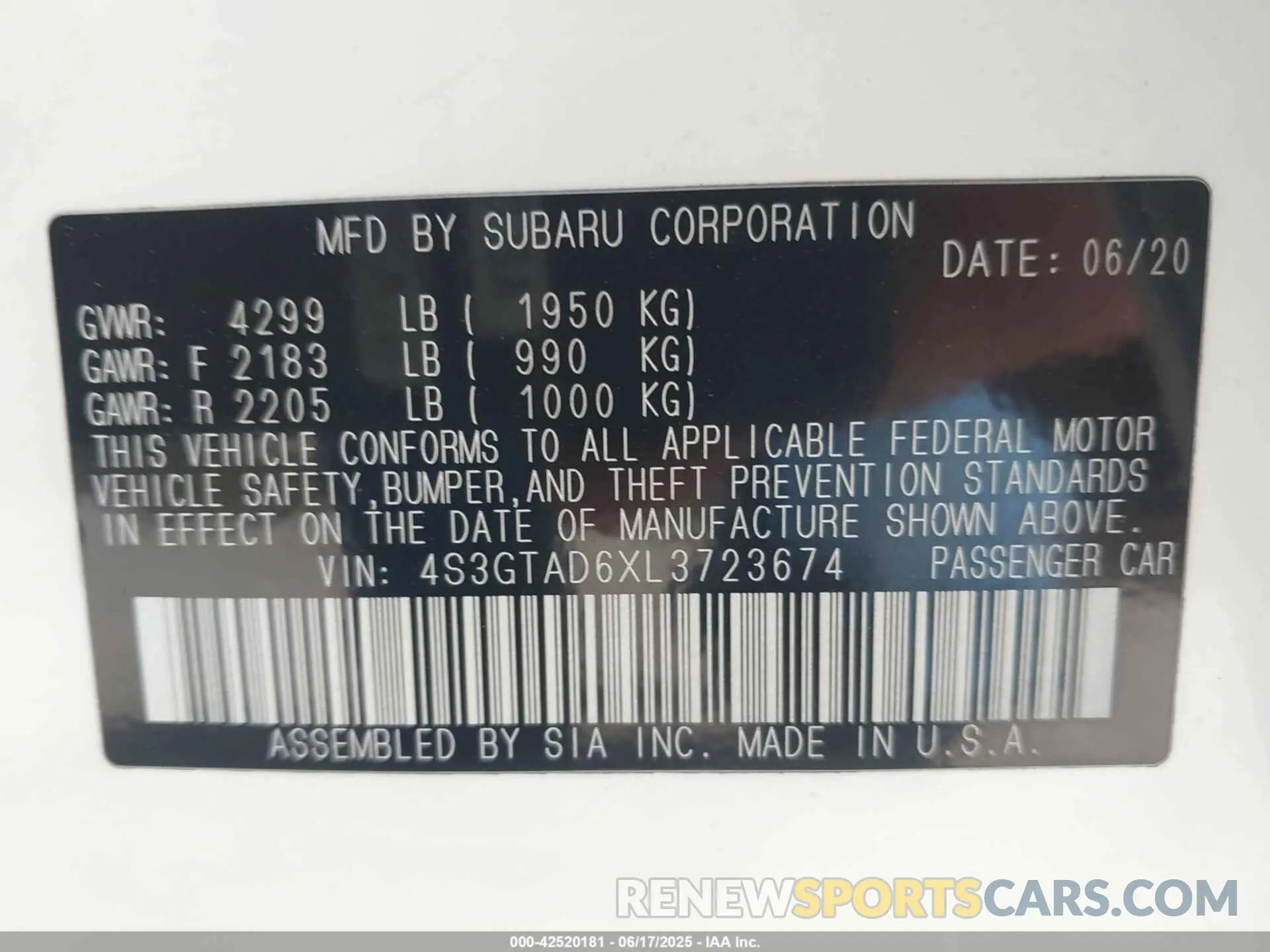 9 Photograph of a damaged car 4S3GTAD6XL3723674 SUBARU IMPREZA 2020
