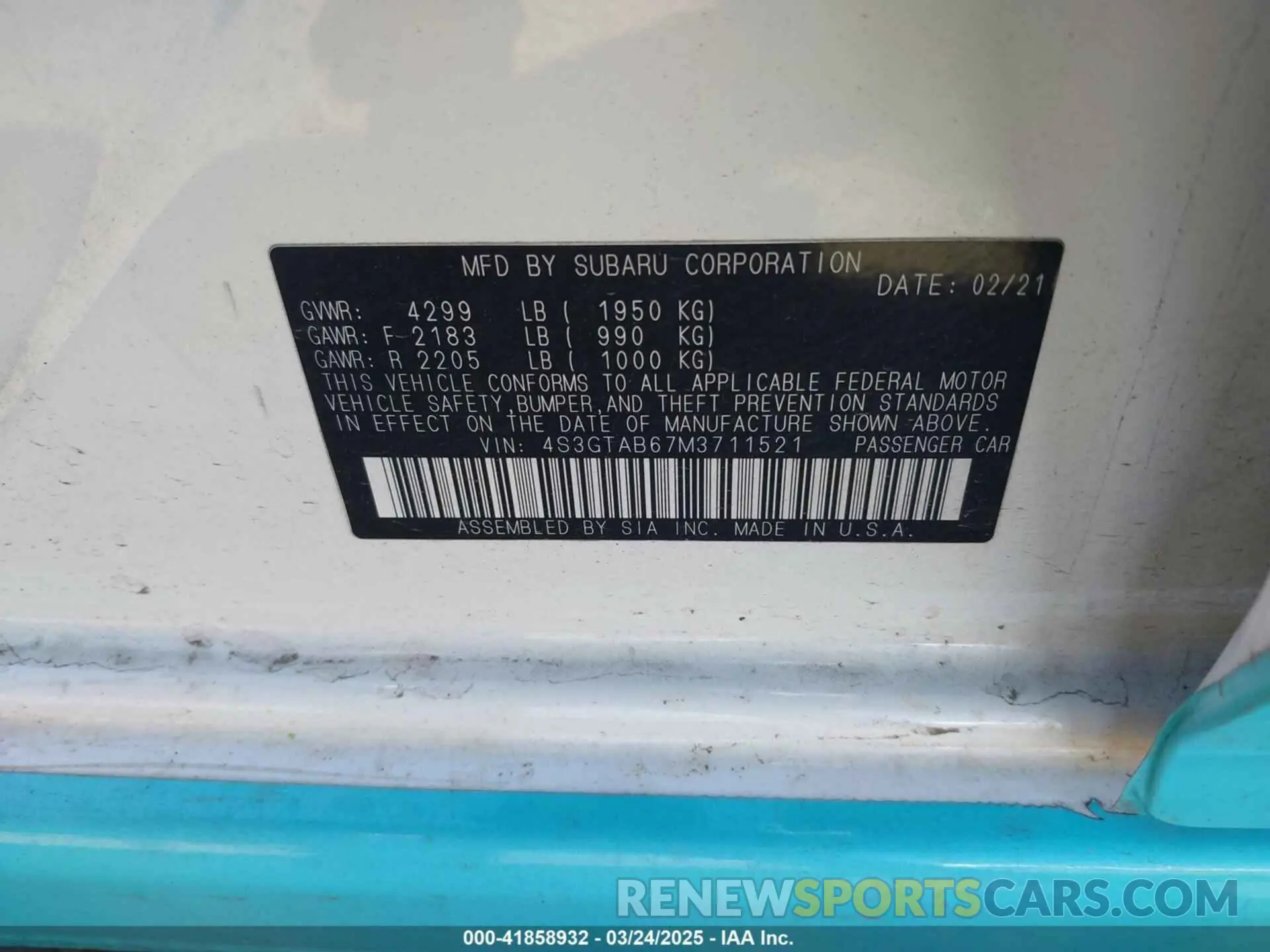9 Фотография поврежденного автомобиля 4S3GTAB67M3711521 SUBARU IMPREZA 2021