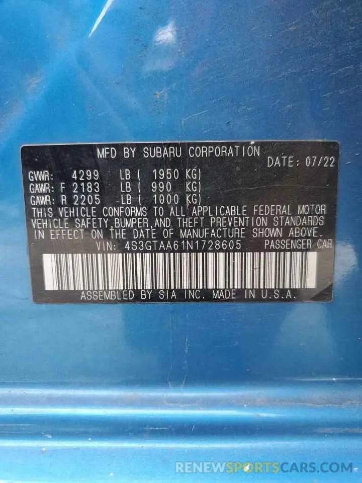 12 Фотография поврежденного автомобиля 4S3GTAA61N1728605 SUBARU IMPREZA 2022
