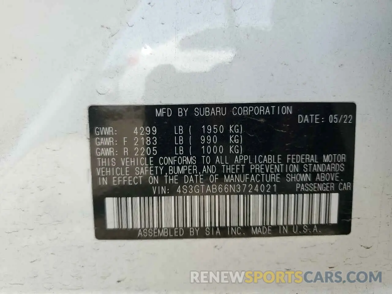 12 Photograph of a damaged car 4S3GTAB66N3724021 SUBARU IMPREZA 2022