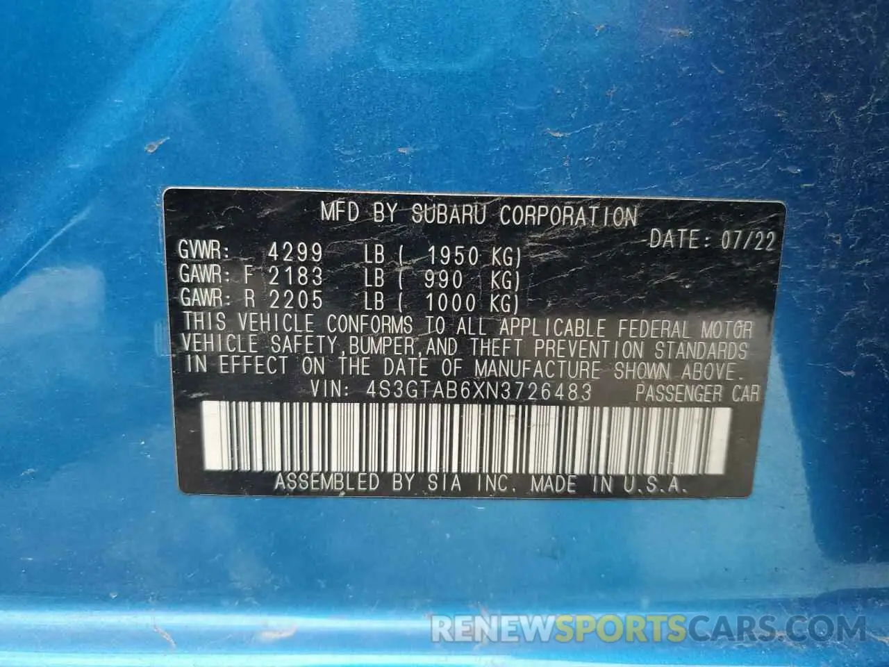 12 Photograph of a damaged car 4S3GTAB6XN3726483 SUBARU IMPREZA 2022
