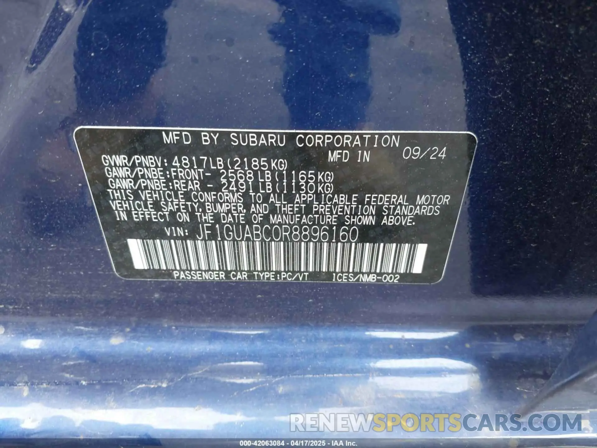 9 Фотография поврежденного автомобиля JF1GUABC0R8896160 SUBARU IMPREZA 2024