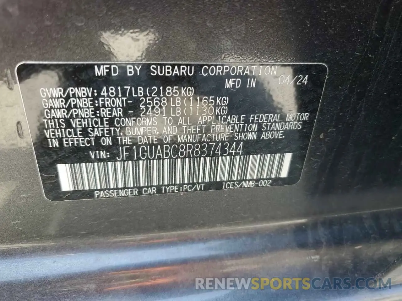 12 Photograph of a damaged car JF1GUABC8R8374344 SUBARU IMPREZA 2024