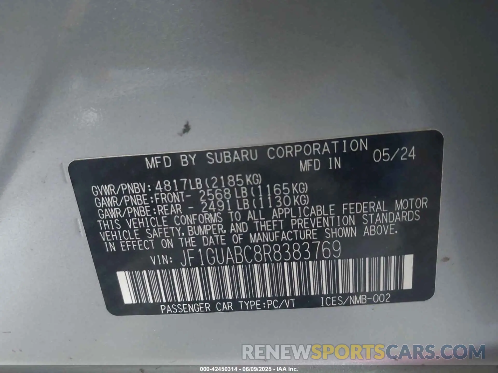 9 Фотография поврежденного автомобиля JF1GUABC8R8383769 SUBARU IMPREZA 2024