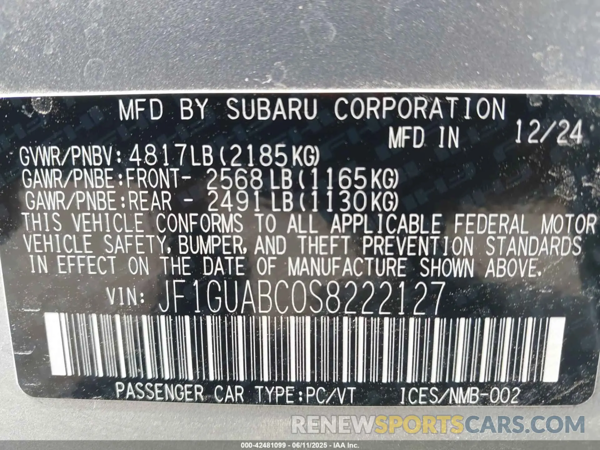 9 Photograph of a damaged car JF1GUABC0S8222127 SUBARU IMPREZA 2025