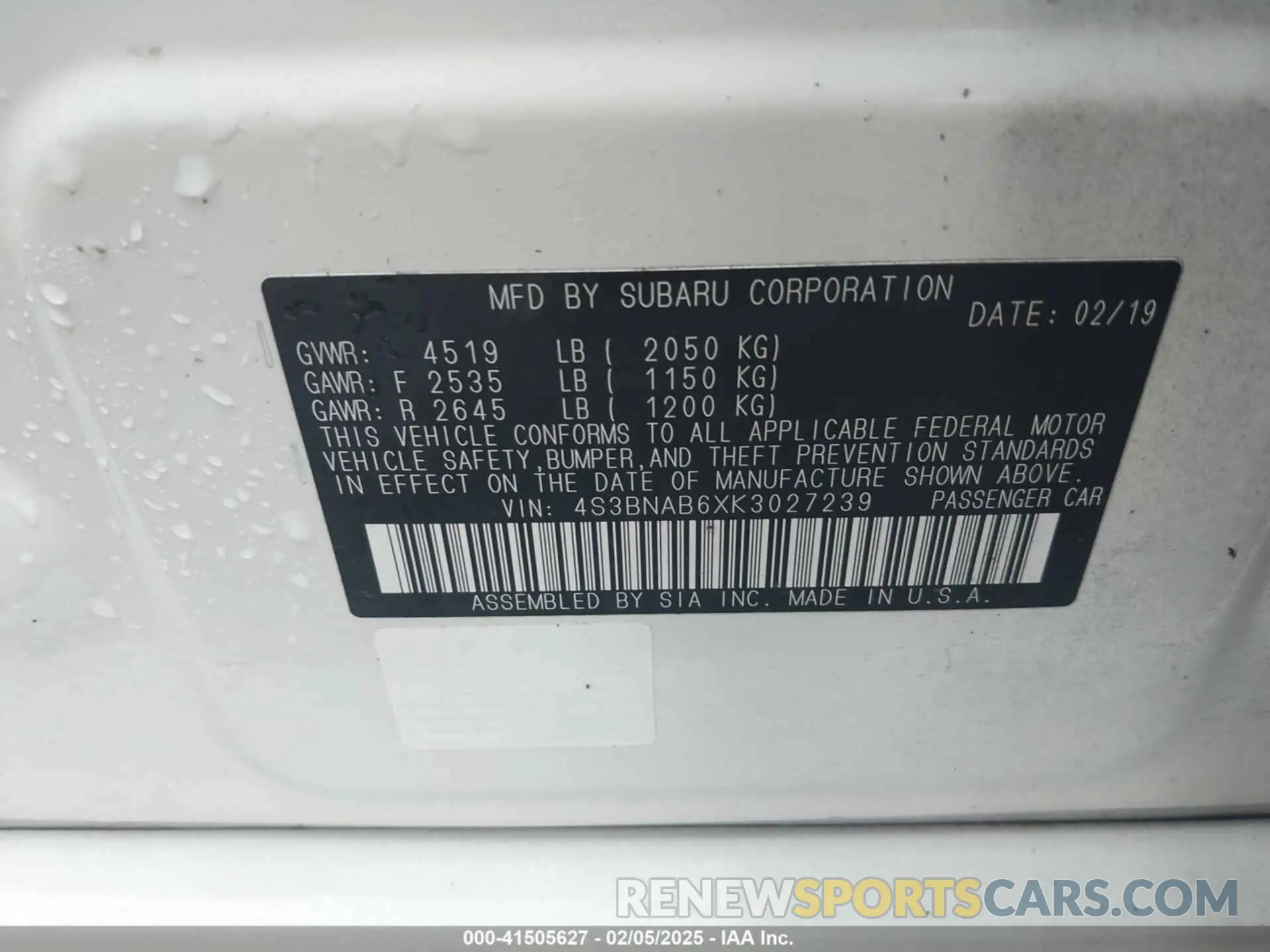 9 Фотография поврежденного автомобиля 4S3BNAB6XK3027239 SUBARU LEGACY 2019