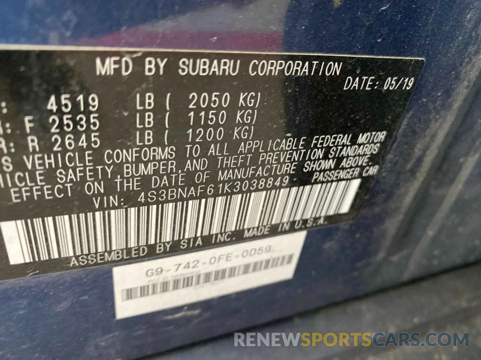 30 Photograph of a damaged car 4S3BNAF61K3038849 SUBARU LEGACY 2019