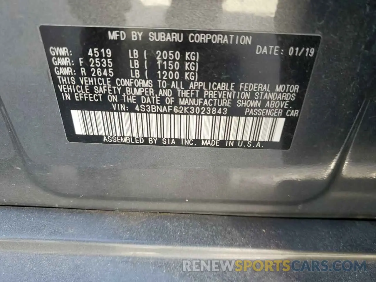 12 Photograph of a damaged car 4S3BNAF62K3023843 SUBARU LEGACY 2019