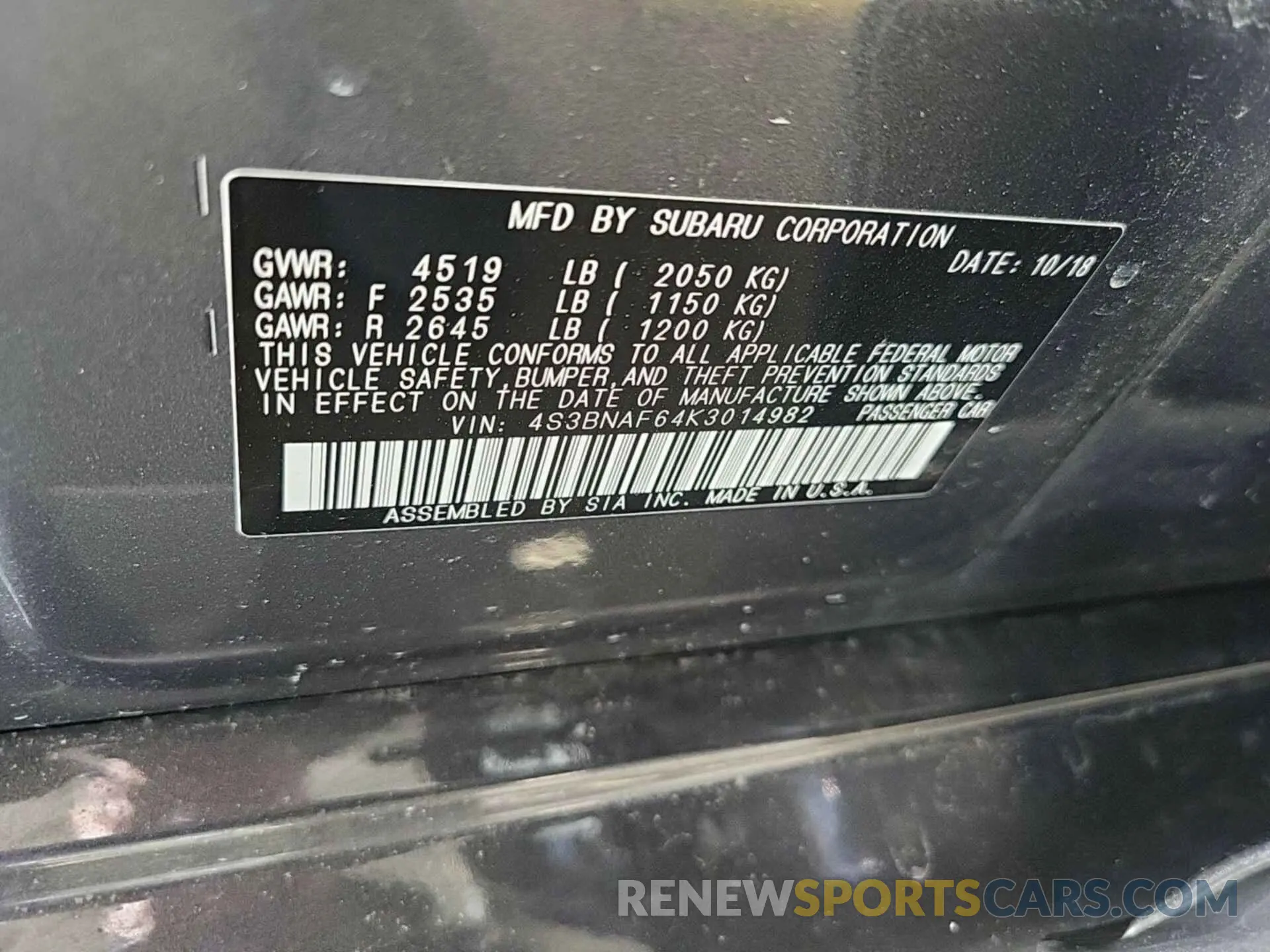 10 Фотография поврежденного автомобиля 4S3BNAF64K3014982 SUBARU LEGACY 2019