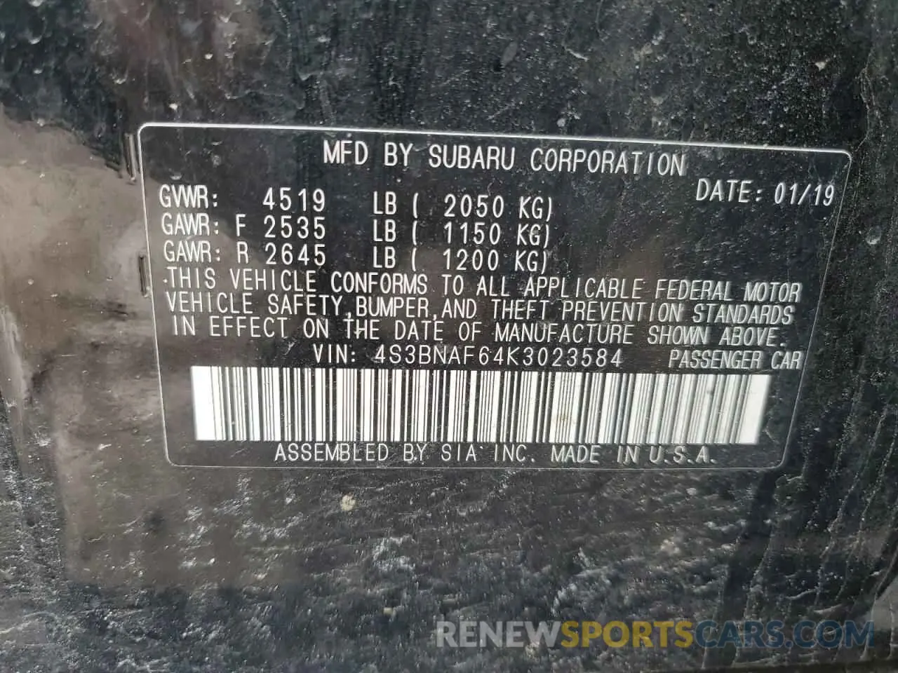 12 Photograph of a damaged car 4S3BNAF64K3023584 SUBARU LEGACY 2019