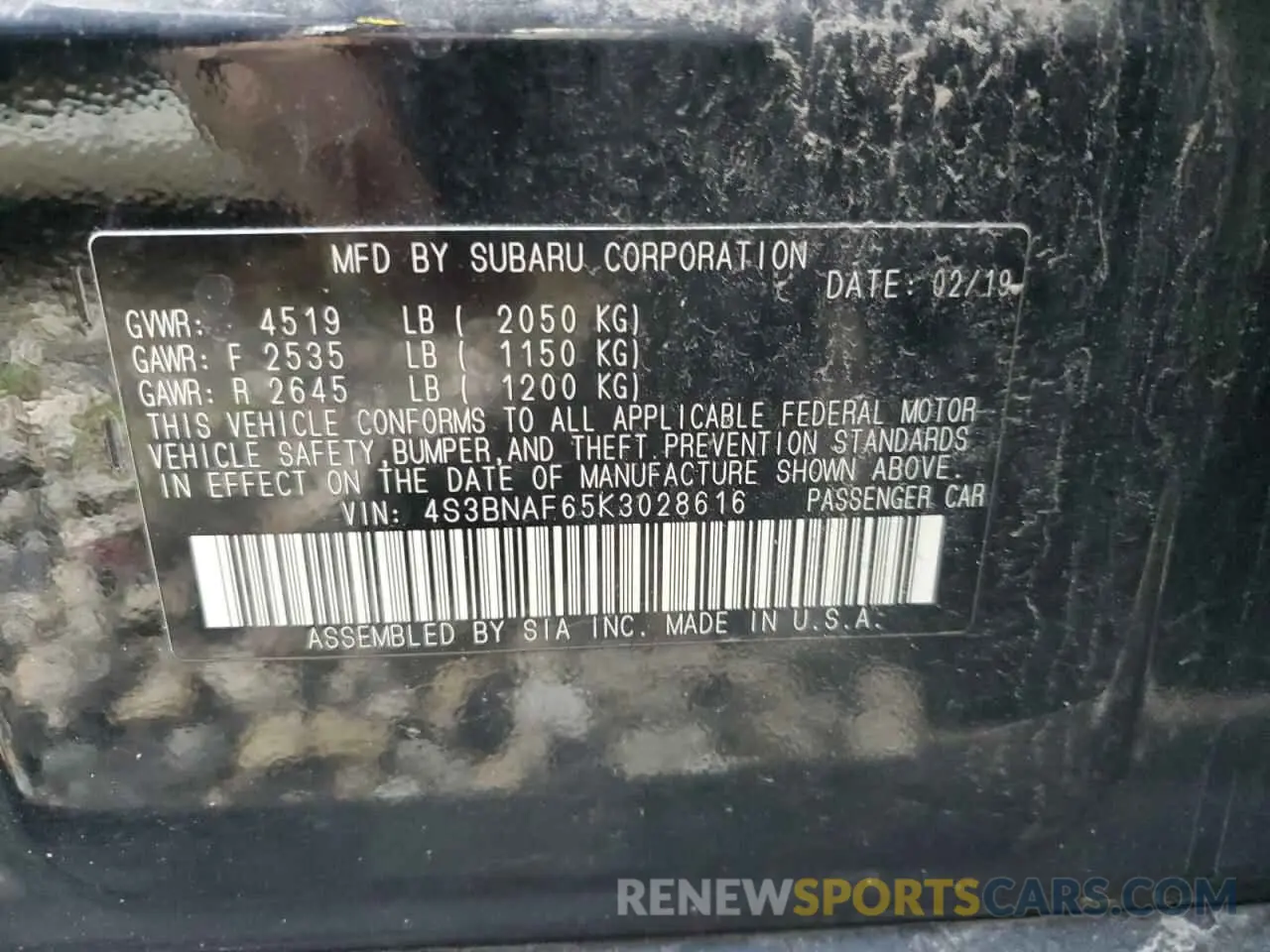 12 Фотография поврежденного автомобиля 4S3BNAF65K3028616 SUBARU LEGACY 2019