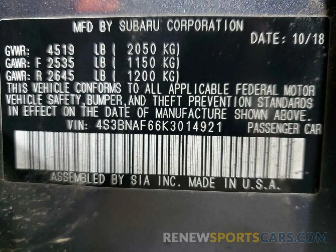 13 Photograph of a damaged car 4S3BNAF66K3014921 SUBARU LEGACY 2019