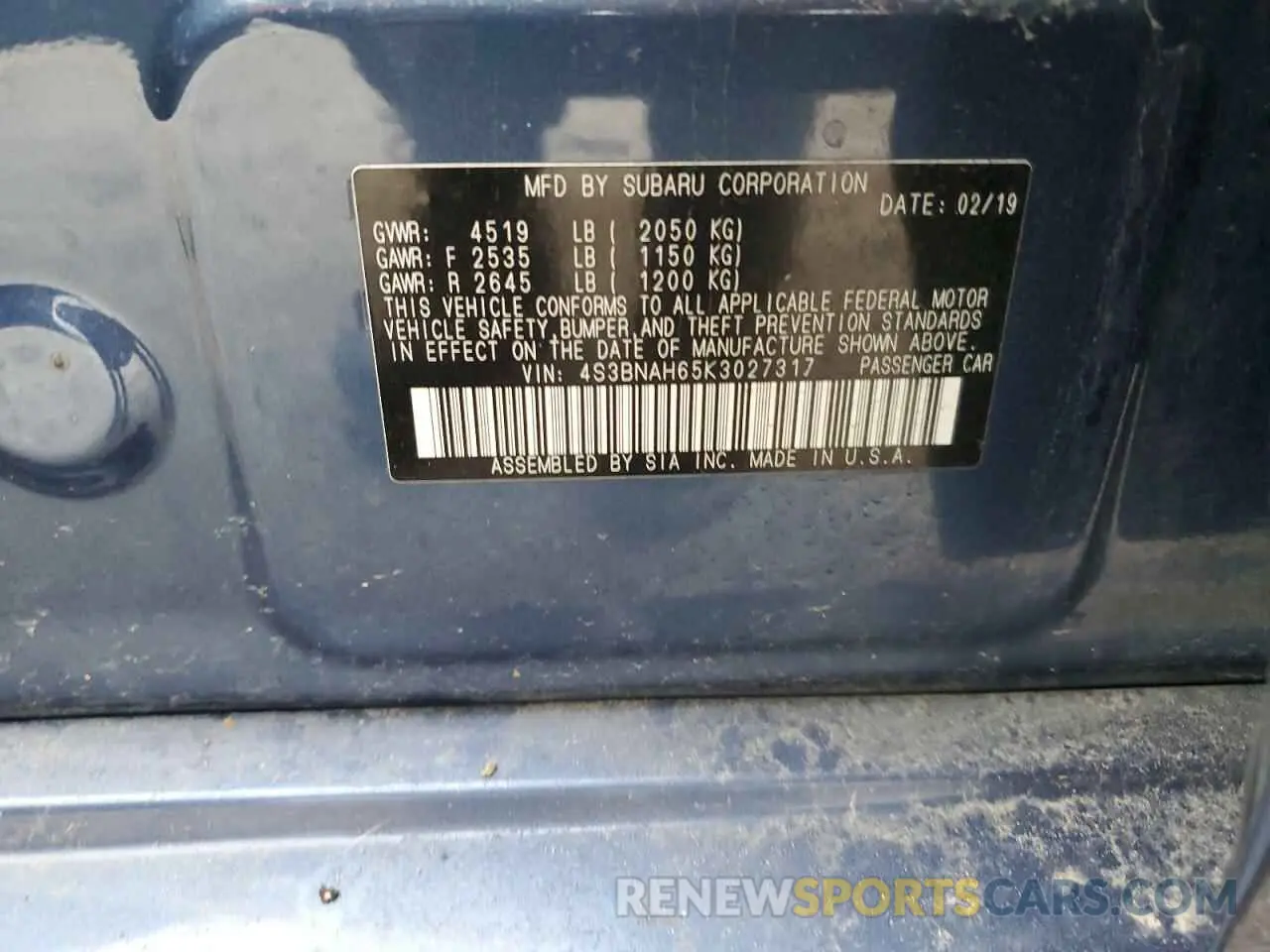 14 Фотография поврежденного автомобиля 4S3BNAH65K3027317 SUBARU LEGACY 2019