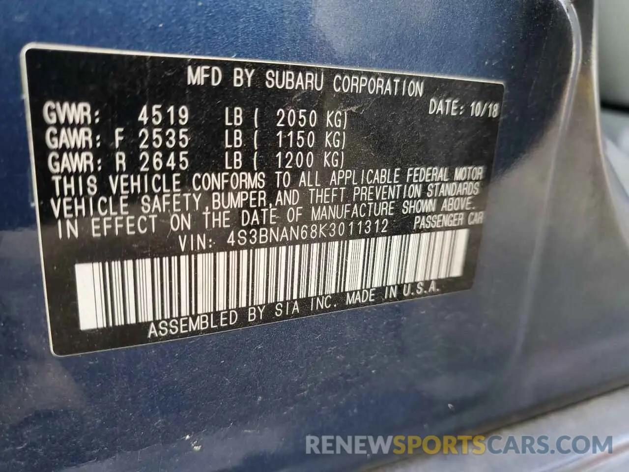12 Photograph of a damaged car 4S3BNAN68K3011312 SUBARU LEGACY 2019