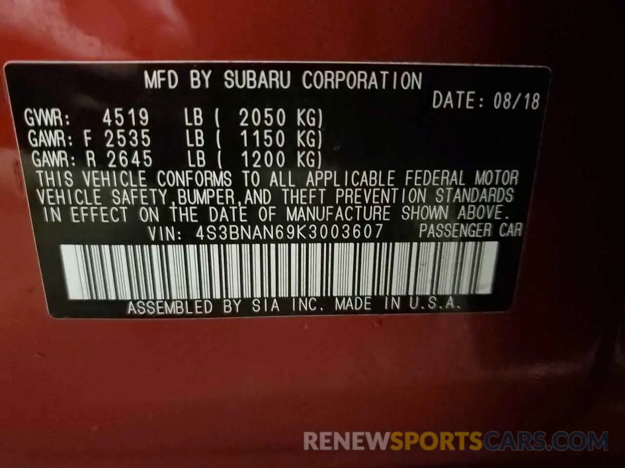 13 Photograph of a damaged car 4S3BNAN69K3003607 SUBARU LEGACY 2019